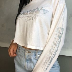 RARE playboy racing white long sleeve crop top